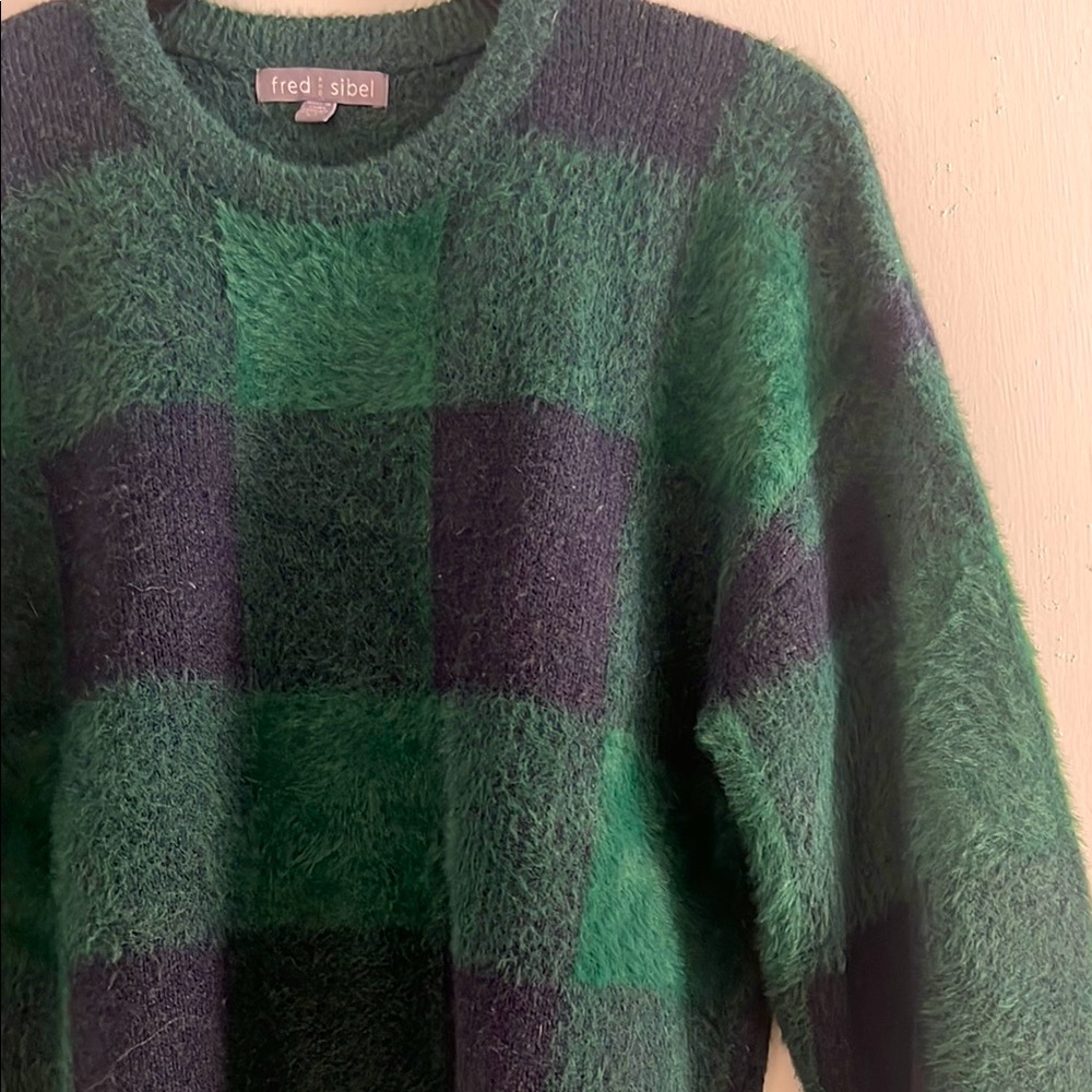 Anthropologie Green and Navy Checkerboard Sweater